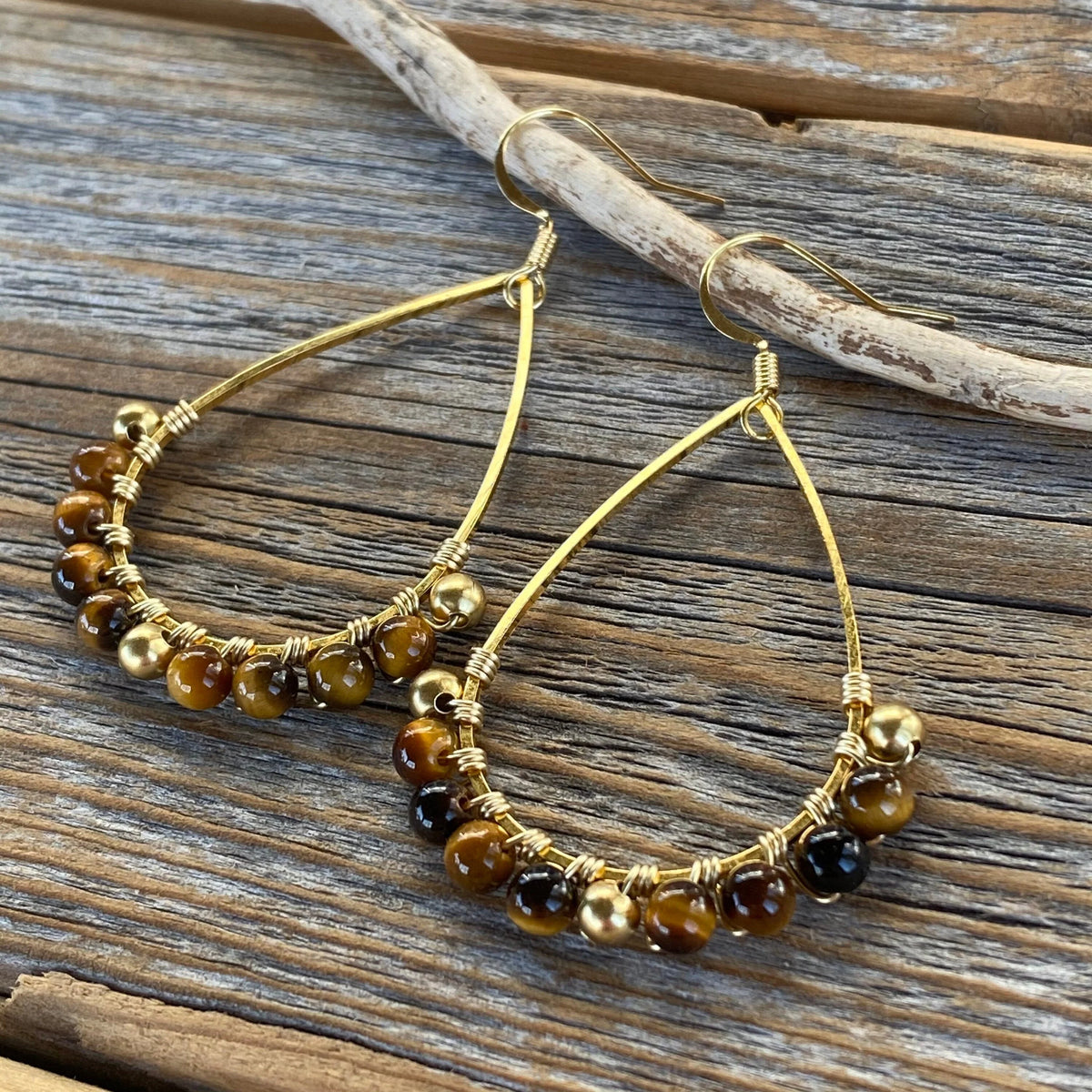Gold Teardrop Tiger Eye Earrings – Bohemian Beaded Jewelry, Unique Gifts for Her, Classic Boho Earrings, Handmade Statement Jewelry
