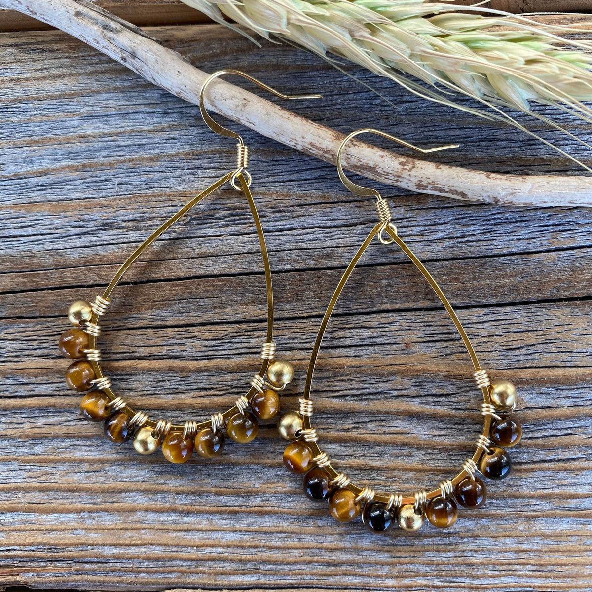 Gold Teardrop Tiger Eye Earrings – Bohemian Beaded Jewelry, Unique Gifts for Her, Classic Boho Earrings, Handmade Statement Jewelry
