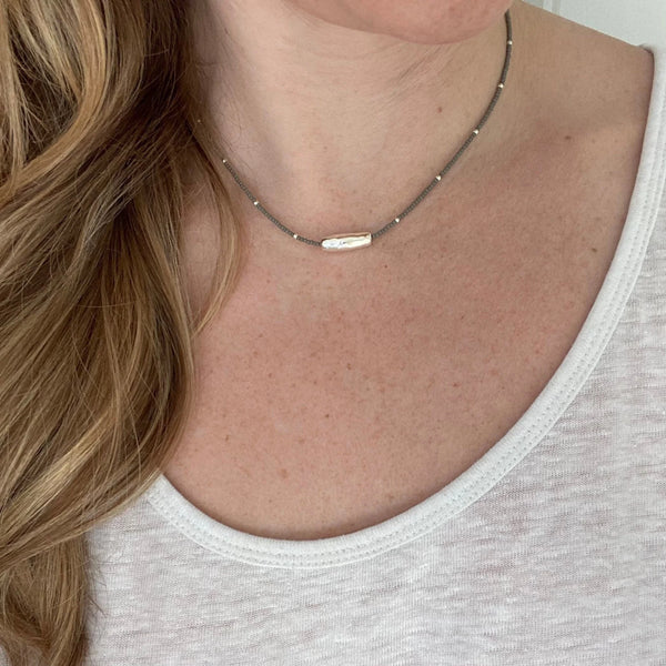 Gray Czech Glass Beaded Necklace, Sterling Silver Pendant, Dainty Layering Necklace