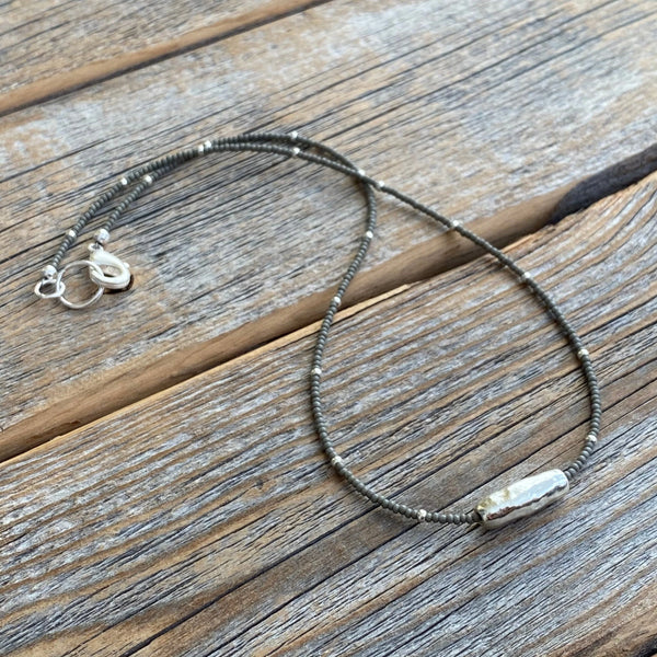 Gray Czech Glass Beaded Necklace, Sterling Silver Pendant, Dainty Layering Necklace