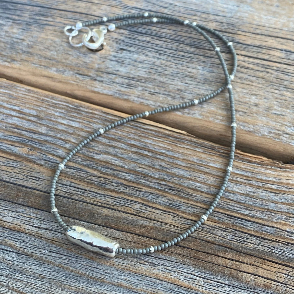 Gray Czech Glass Beaded Necklace, Sterling Silver Pendant, Dainty Layering Necklace