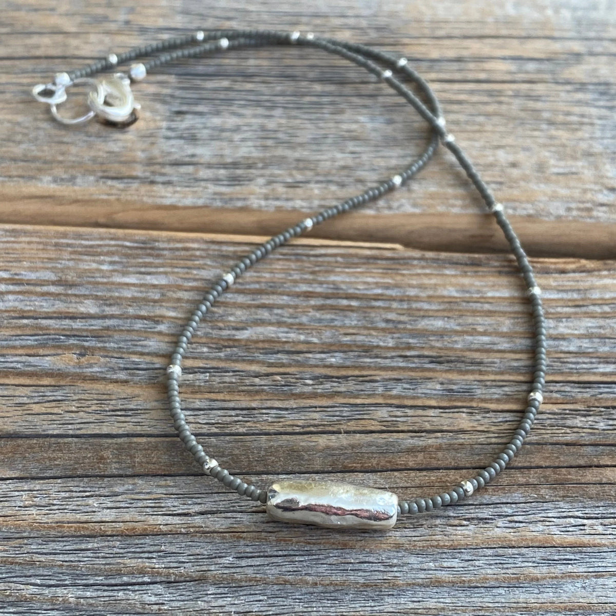 Gray Czech Glass Beaded Necklace, Sterling Silver Pendant, Dainty Layering Necklace
