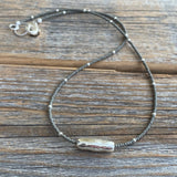 Gray Czech Glass Beaded Necklace, Sterling Silver Pendant, Dainty Layering Necklace