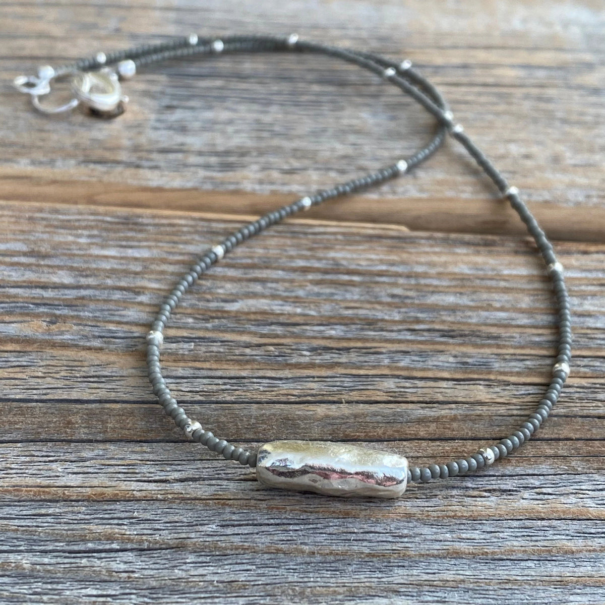 Gray Czech Glass Beaded Necklace, Sterling Silver Pendant, Dainty Layering Necklace