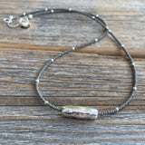 Gray Czech Glass Beaded Necklace, Sterling Silver Pendant, Dainty Layering Necklace
