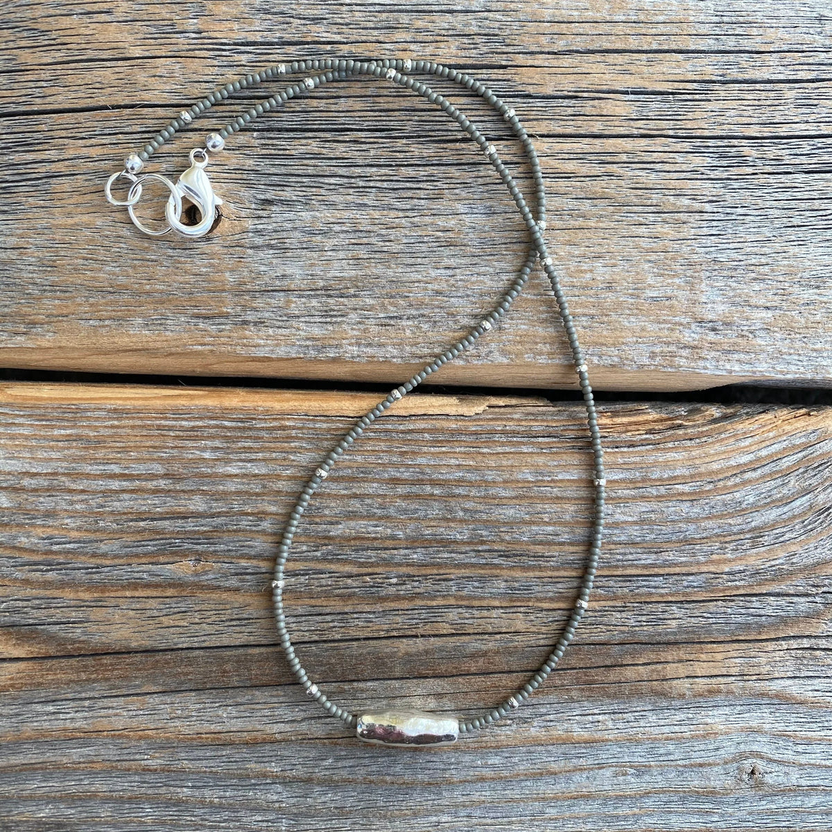 Gray Czech Glass Beaded Necklace, Sterling Silver Pendant, Dainty Layering Necklace