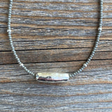 Gray Czech Glass Beaded Necklace, Sterling Silver Pendant, Dainty Layering Necklace