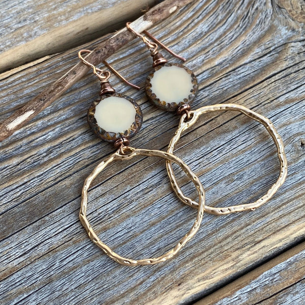 Hammered Gold Hoop Earrings | Ivory Czech Glass Dangles, Nickel-Free