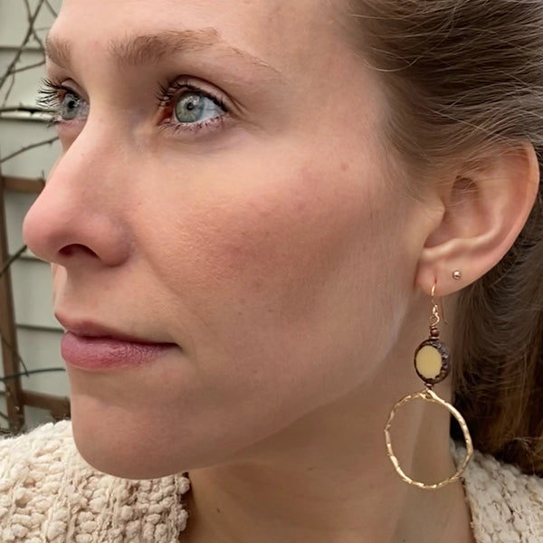 Hammered Gold Hoop Earrings | Ivory Czech Glass Dangles, Nickel-Free