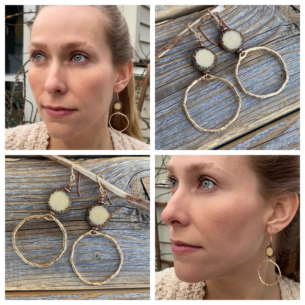 Hammered Gold Hoop Earrings | Ivory Czech Glass Dangles, Nickel-Free