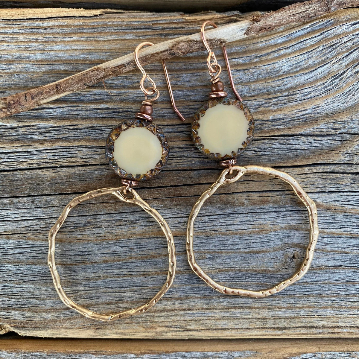 Hammered Gold Hoop Earrings | Ivory Czech Glass Dangles, Nickel-Free