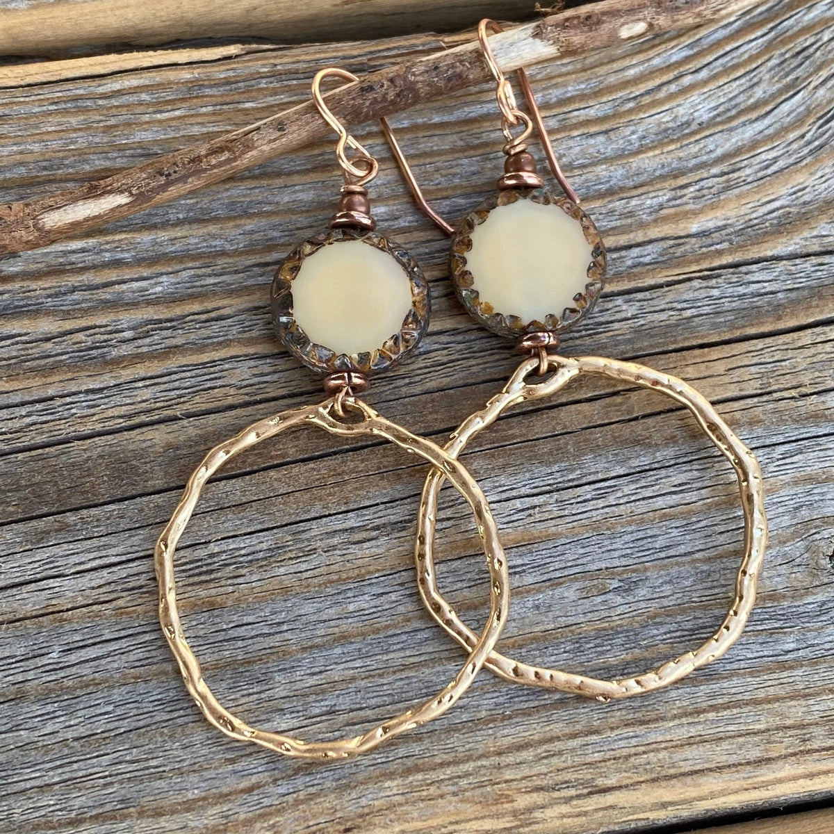 Hammered Gold Hoop Earrings | Ivory Czech Glass Dangles, Nickel-Free