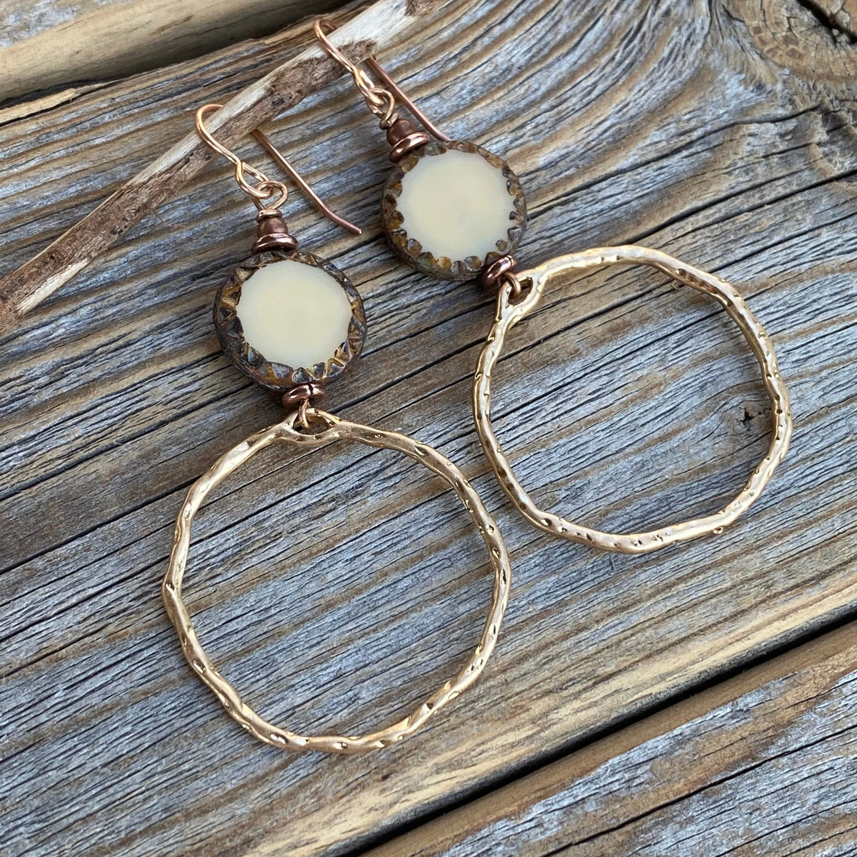 Hammered Gold Hoop Earrings | Ivory Czech Glass Dangles, Nickel-Free