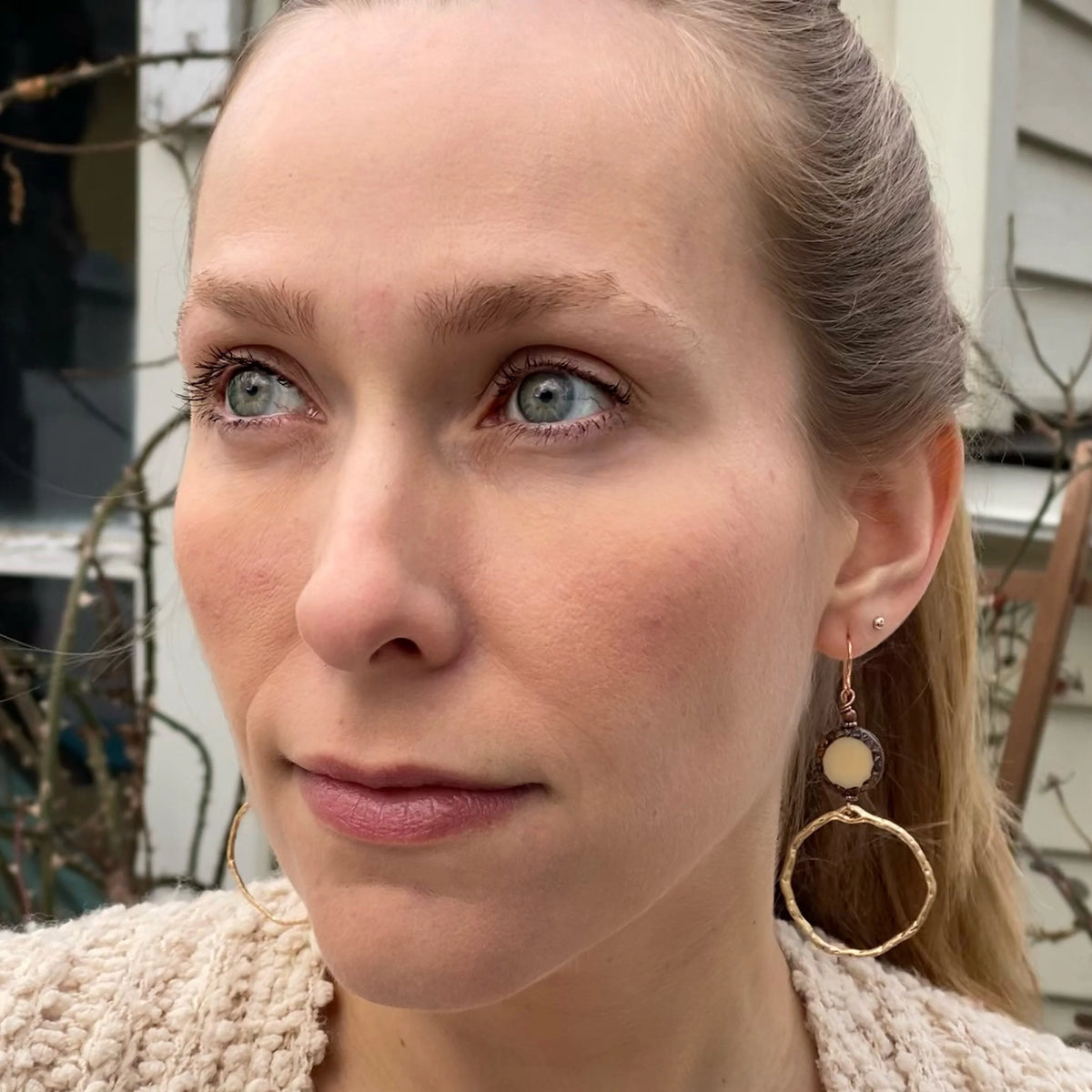 Hammered Gold Hoop Earrings | Ivory Czech Glass Dangles, Nickel-Free