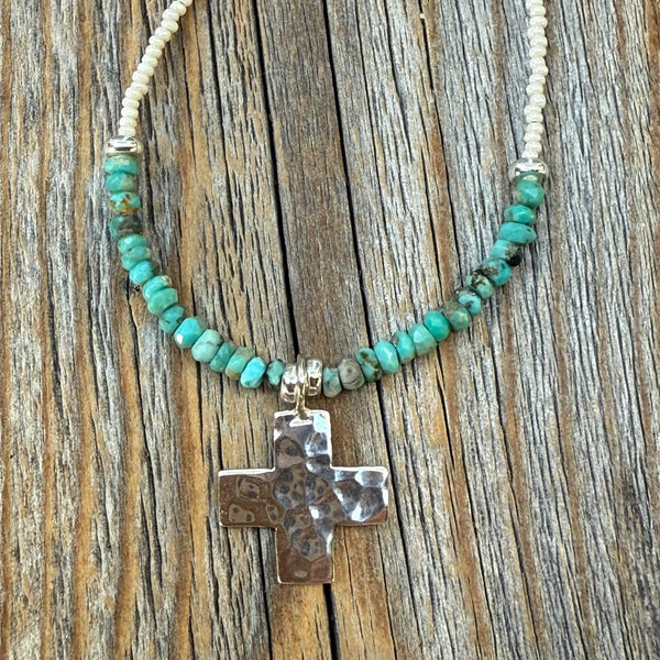Hammered Sterling Silver Turquoise Cross Necklace, Boho Western Layering Jewelry
