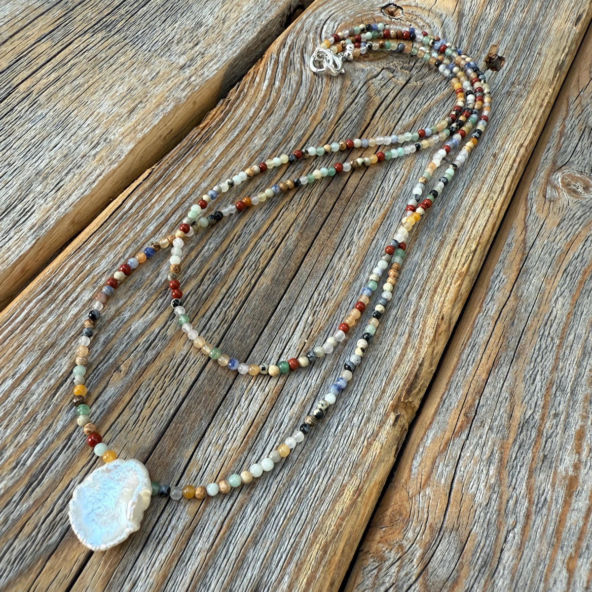Hand-strung Gemstone and Pearl Necklace, Multicolor Beaded Layering Jewelry