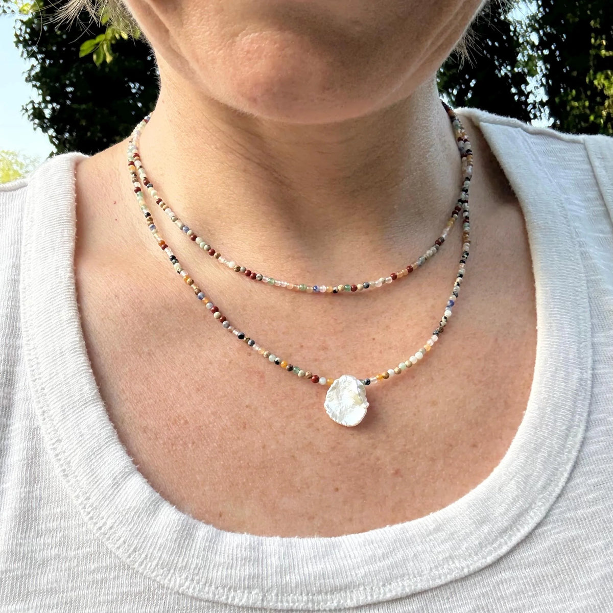 Hand-strung Gemstone and Pearl Necklace, Multicolor Beaded Layering Jewelry