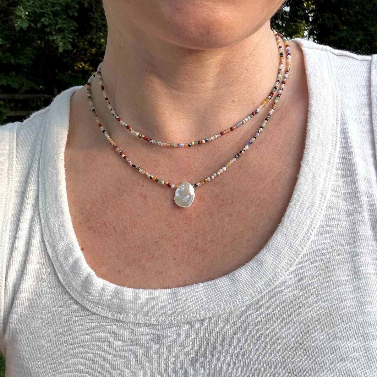 Hand-strung Gemstone and Pearl Necklace, Multicolor Beaded Layering Jewelry