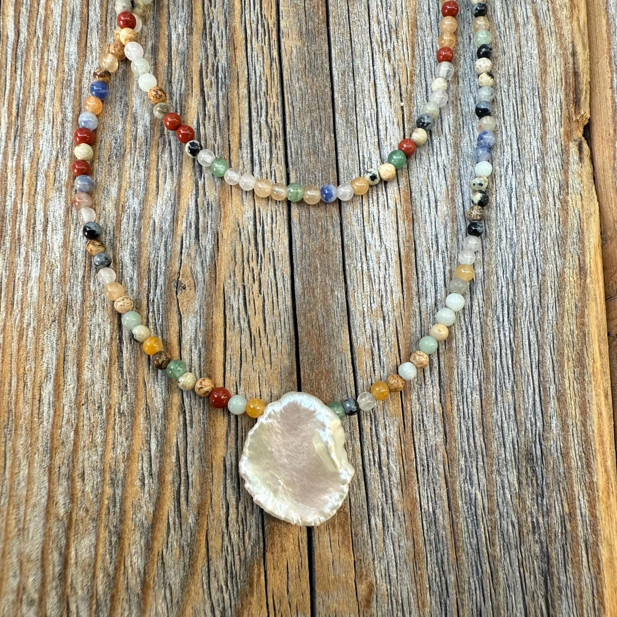 Hand-strung Gemstone and Pearl Necklace, Multicolor Beaded Layering Jewelry
