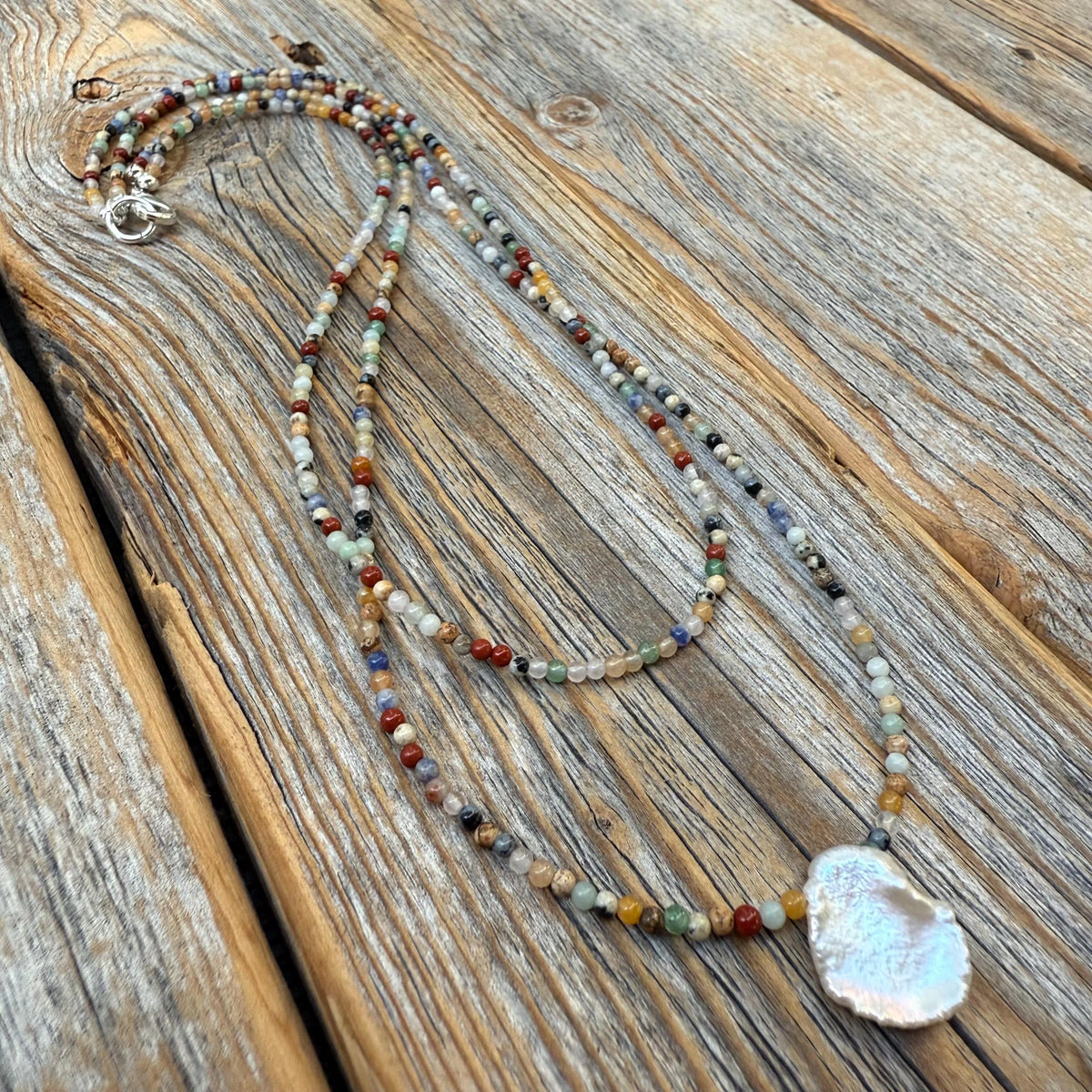 Hand-strung Gemstone and Pearl Necklace, Multicolor Beaded Layering Jewelry