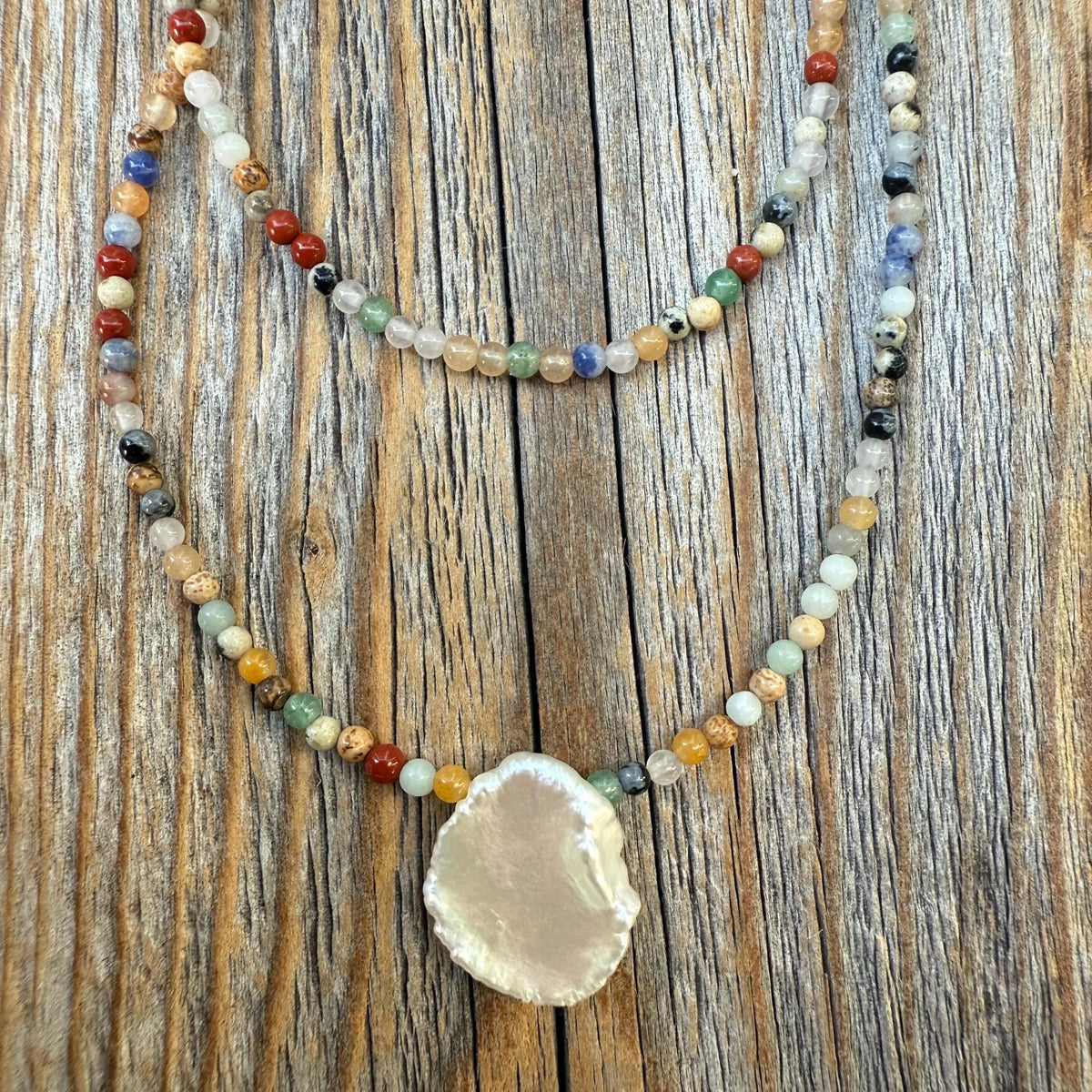 Hand-strung Gemstone and Pearl Necklace, Multicolor Beaded Layering Jewelry