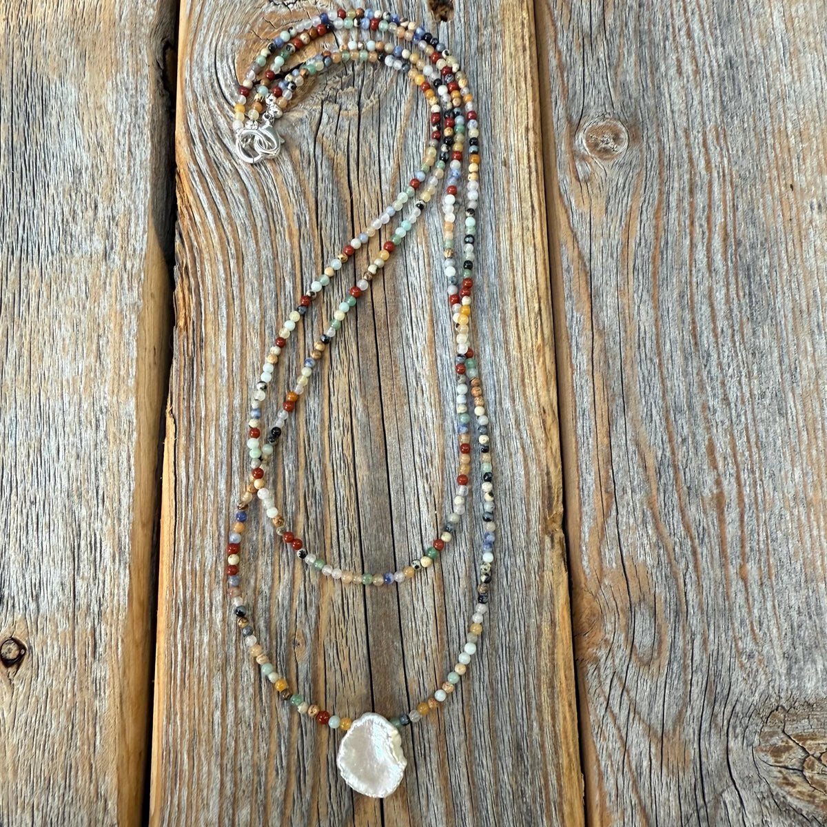 Hand-strung Gemstone and Pearl Necklace, Multicolor Beaded Layering Jewelry