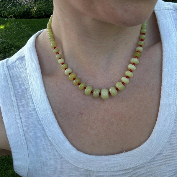 Handcrafted Lime Green Jade and Red Coral Statement Necklace