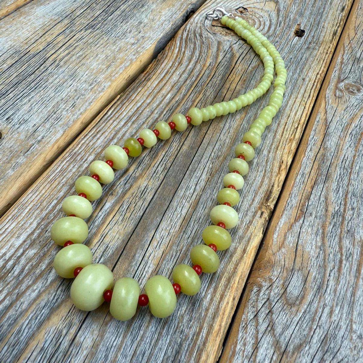 Handcrafted Lime Green Jade and Red Coral Statement Necklace