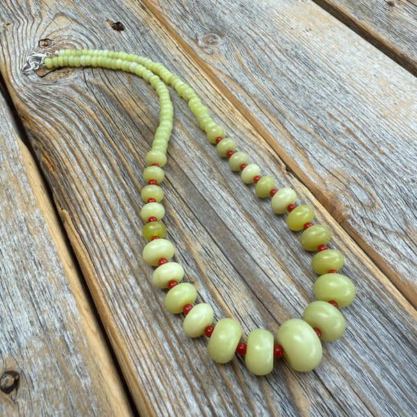 Handcrafted Lime Green Jade and Red Coral Statement Necklace