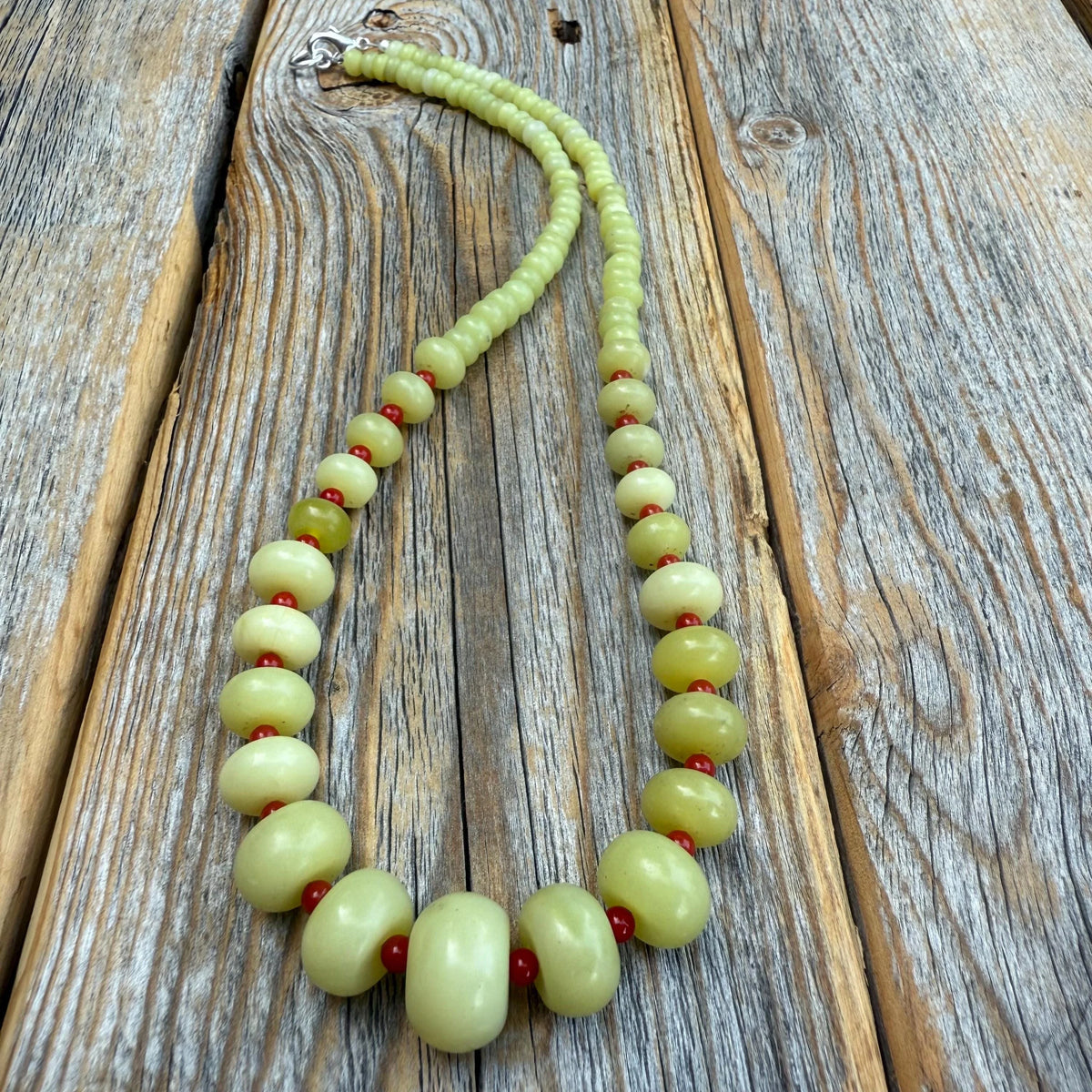 Handcrafted Lime Green Jade and Red Coral Statement Necklace