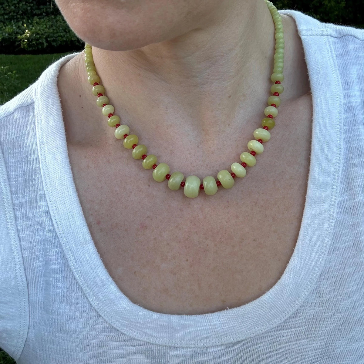 Handcrafted Lime Green Jade and Red Coral Statement Necklace