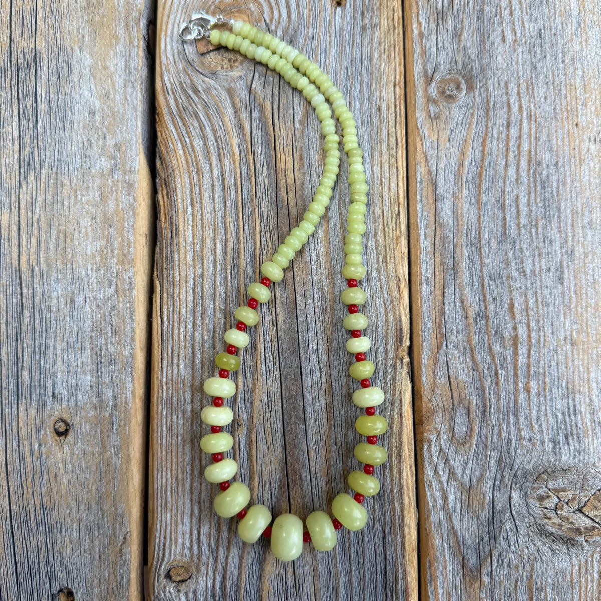 Handcrafted Lime Green Jade and Red Coral Statement Necklace