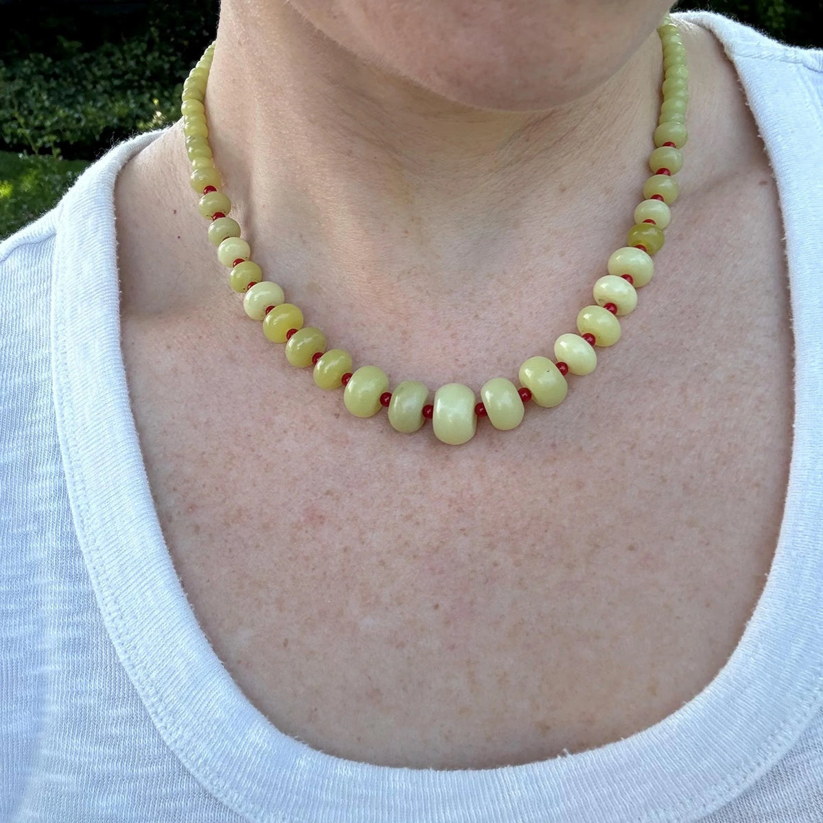 Handcrafted Lime Green Jade and Red Coral Statement Necklace