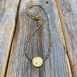 Handmade Beaded Necklace – 24K Gold Pendant, Silver Leaf Gemstone