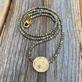 Handmade Beaded Necklace – 24K Gold Pendant, Silver Leaf Gemstone