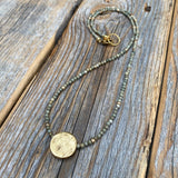 Handmade Beaded Necklace – 24K Gold Pendant, Silver Leaf Gemstone