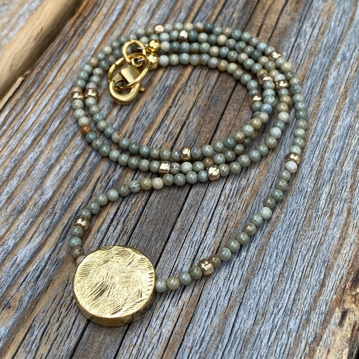 Handmade Beaded Necklace – 24K Gold Pendant, Silver Leaf Gemstone