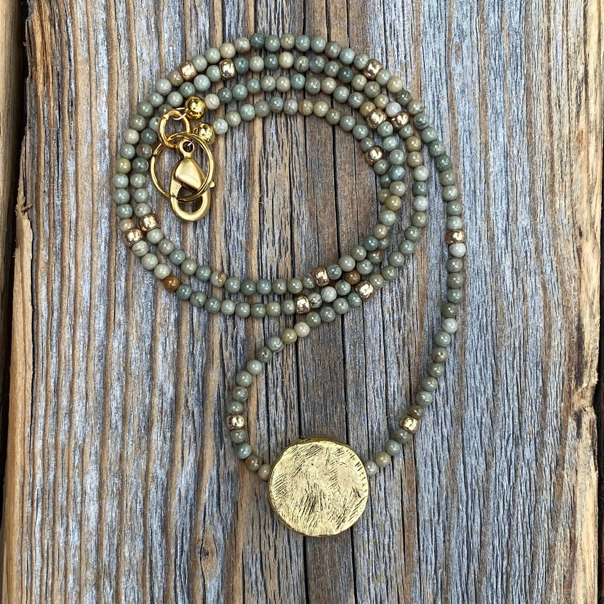 Handmade Beaded Necklace – 24K Gold Pendant, Silver Leaf Gemstone