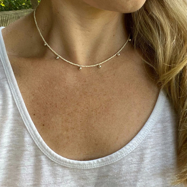 Handmade Beaded Necklace – White Czech Glass, Sterling Silver Dangles