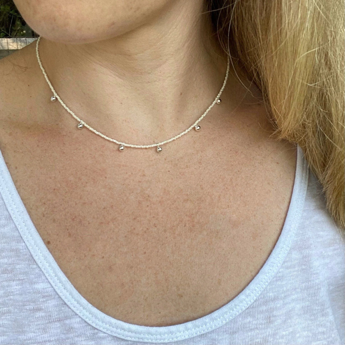Handmade Beaded Necklace – White Czech Glass, Sterling Silver Dangles