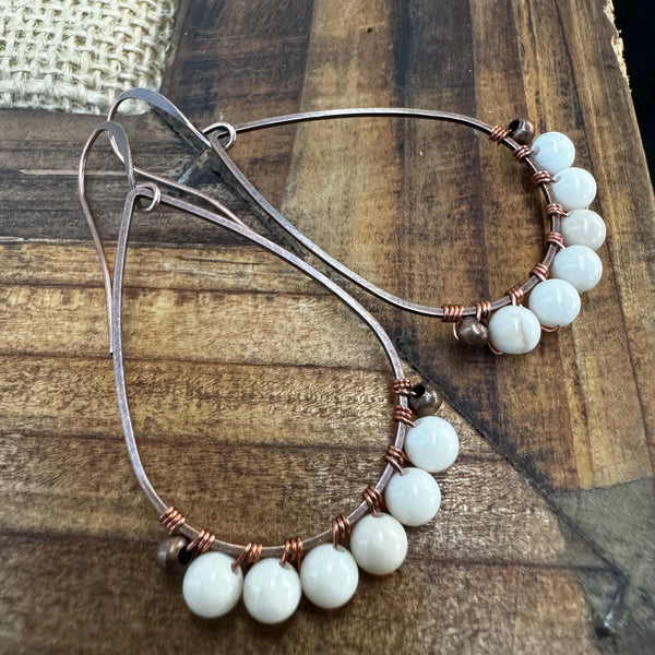 Handmade Copper Fossil Jasper Teardrop Earrings, Boho Wedding Jewelry