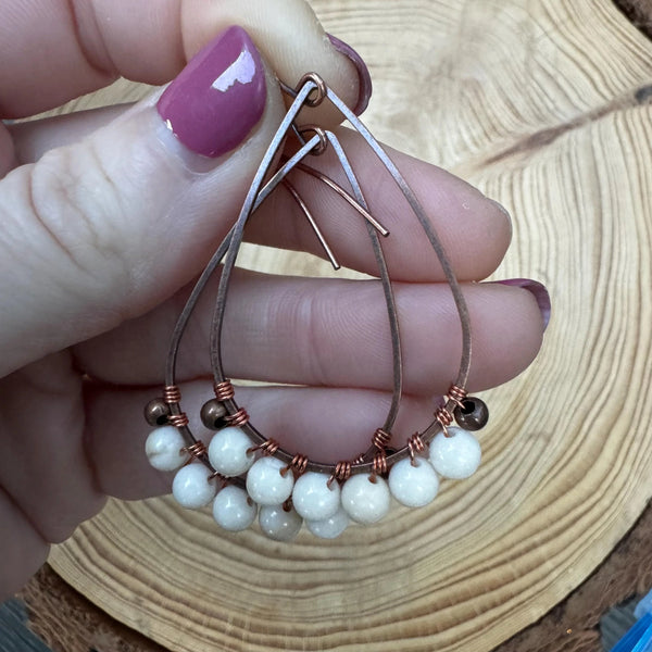Handmade Copper Fossil Jasper Teardrop Earrings, Boho Wedding Jewelry