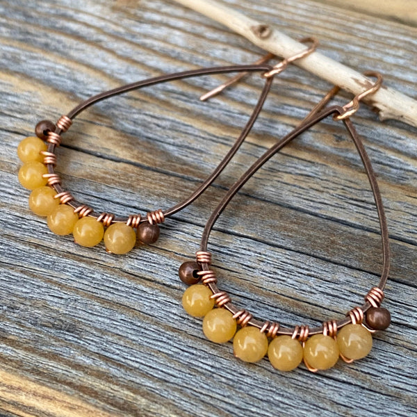 Handmade Copper Yellow Jasper Dangle Earrings, Boho Teardrop Jewelry