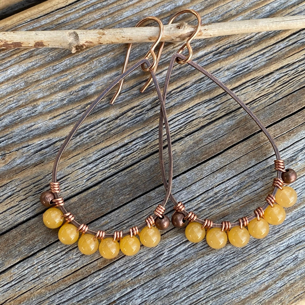 Handmade Copper Yellow Jasper Dangle Earrings, Boho Teardrop Jewelry