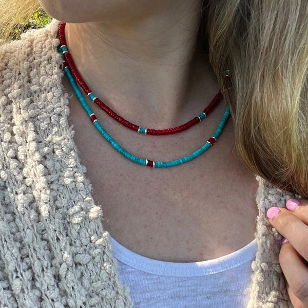 Handmade Coral and Turquoise Heishi Necklace – Sterling Silver Accents
