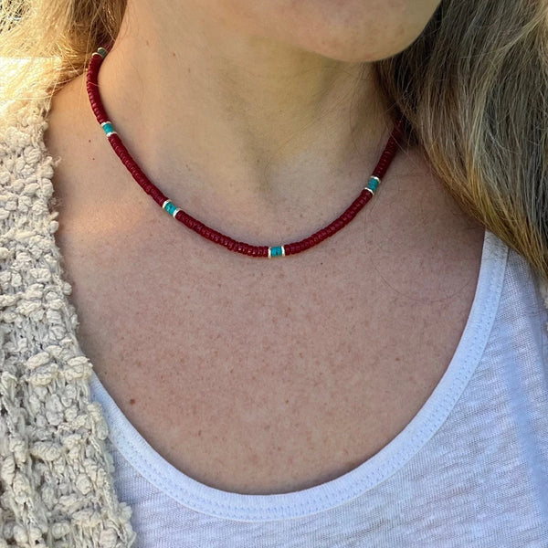 Handmade Coral and Turquoise Heishi Necklace – Sterling Silver Accents