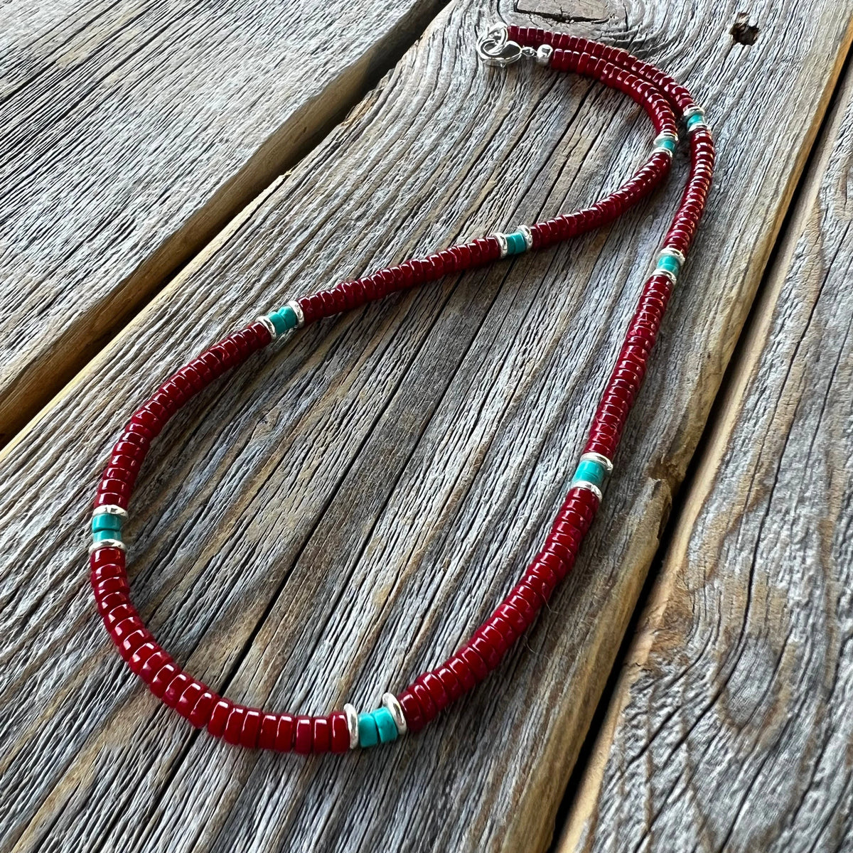Handmade Coral and Turquoise Heishi Necklace – Sterling Silver Accents