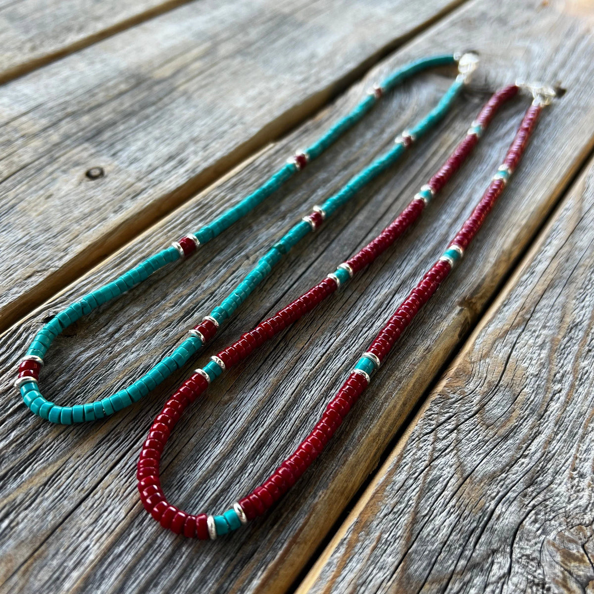 Handmade Coral and Turquoise Heishi Necklace – Sterling Silver Accents