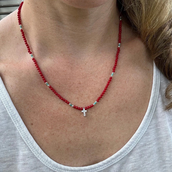 Handmade Coral Turquoise Beaded Cross Necklace, Southwestern Jewelry