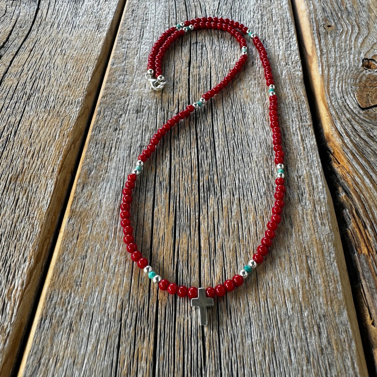 Handmade Coral Turquoise Beaded Cross Necklace, Southwestern Jewelry